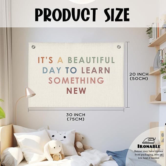Classroom Decor Banner, Teacher Gifts, Cute Boho Neutral Classroom Must Haves Wall Decor, Inspirational Linen Canvas Banner Flag, It's A Beautiful Day to Learn