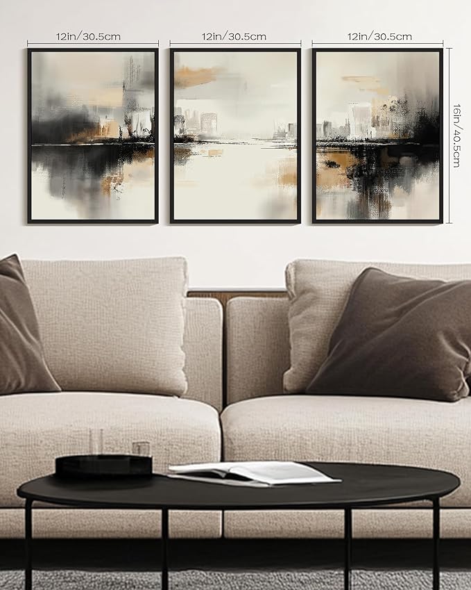 Drsoum Vintage Black Gray Abstract Wall Art Framed Brown Tan Neutral Prints Minimalist Modern Rustic Artwork Bedroom Living Room Ready to Hang 12x16in Black Framed