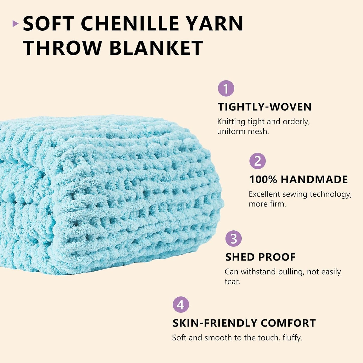 L'AGRATY Chunky Knit Blanket Throw - Soft Chenille Yarn Throw Blanket 40x50： Handmade Thick Cable Knit Crochet Blanke - Large Knit Blanket Chunky Rope Knot Throw Blanket for Couch Sofa Bed Home Decor