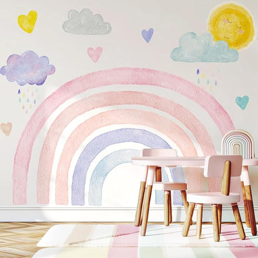 Large Boho Rainbow Wall Decals, Clouds Sun Hearts Peel and Stick Fabric Nursery Wall Decor, Removable Home Room Wall Decor Murals Stickers for Kids Girls Toddler Bedroom Living Room Playroom