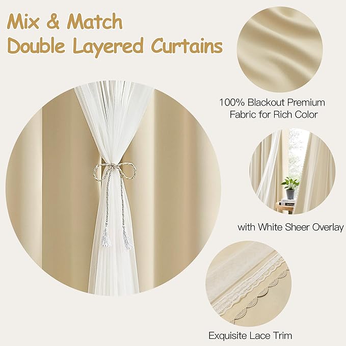 XiDi Beige Blackout Curtains with Sheer Overlay for Bedroom 2 Panels 63 Inches Long Double Layer Curtains with Lace Hem for Kids Girls Room Decor Thermal Insulated Grommet Short Window Drapes W52XL63