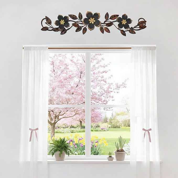 Wesiti Metal Flower Wall Decor Vintage Spring Metal Flower Wrought Iron Scroll Sculpture 15.7''x3.7'' Farmhouse Leaf Wall Decor with Nails for Spring Living Room Bedroom Indoor Outdoor (Black)