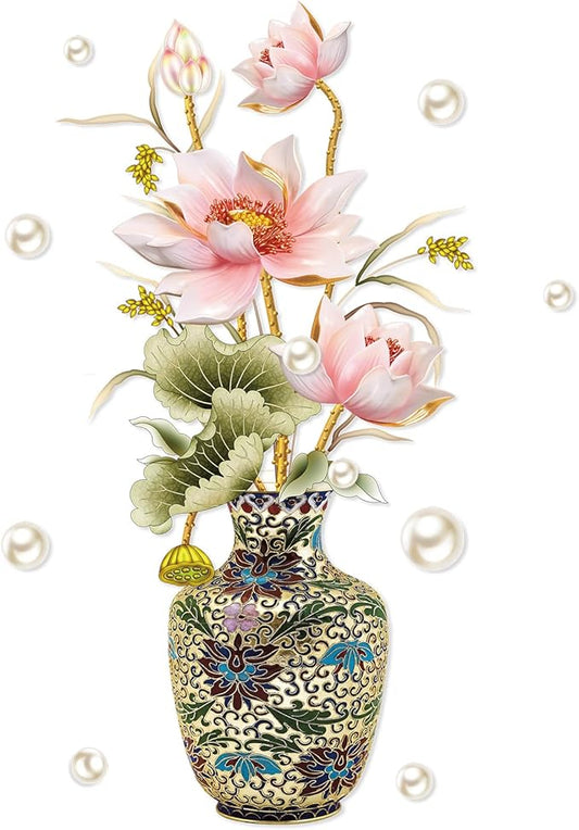 Chinese Style Lotus Flower Vase Wall Sticker, 24"x47" Classical Lotus Flower Wall Decals Murals Peel and Stick 3D Wall Art Stickers for Girls Bedroom Nursery Living Room TV Home Decor