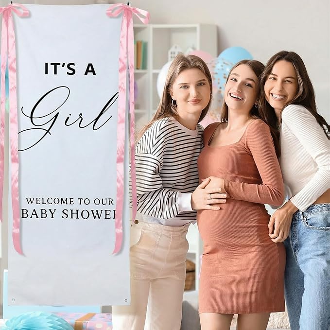 Oudain 24x60 Inch It's a Girl Burlap Banner, Baby Shower Fabric Backdrop with Pink Ribbons and Hooks, Rustic Boho Photo Props Sign for Gender Reveal Party Wall Hanging Indoor Outdoor Decoration