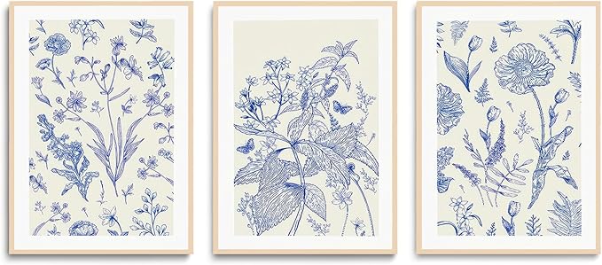 LYPHNX Blue White Chinoiserie Floral Poster Wall Art Navy Watercolor Flower Canva Painting Set of 3 Minimalist Botanical Wildflower Prints Picture Home Decor for Bedroom Living room 12"x16" UnFramed
