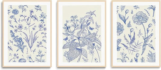 LYPHNX Blue White Chinoiserie Floral Poster Wall Art Navy Watercolor Flower Canva Painting Set of 3 Minimalist Botanical Wildflower Prints Picture Home Decor for Bedroom Living room 12"x16" UnFramed