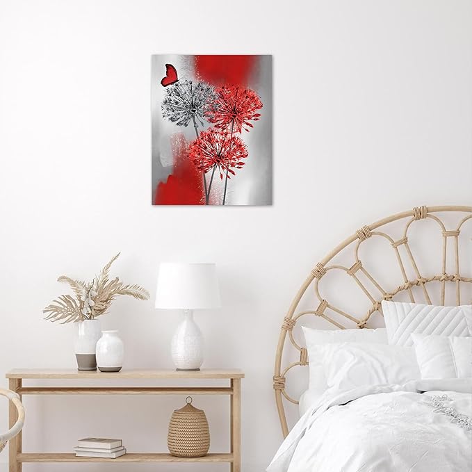 LB Red Dandelion Floral Wall Art Red and Grey Flower Butterfly Canvas Wall Art Modern Abstract Wall Decor for Bedroom Bathroom Living Room Framed Ready to Hang 16L x 12W