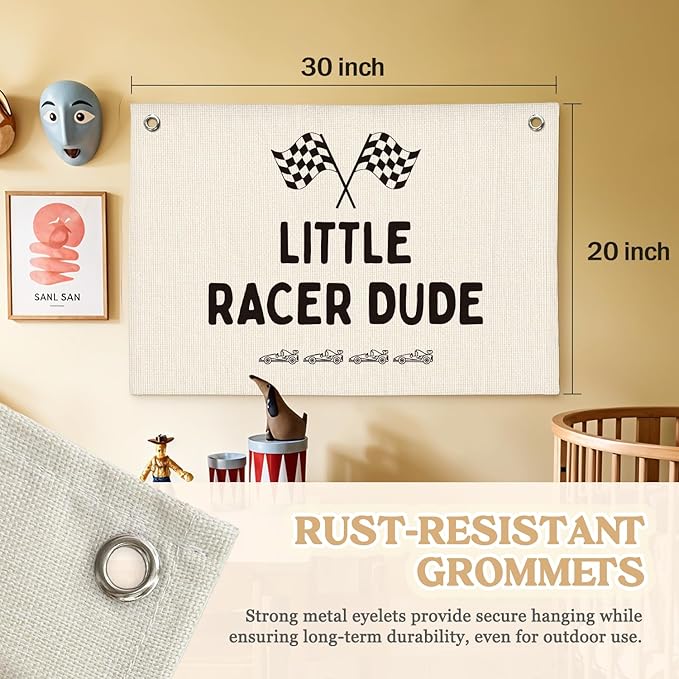 Playroom Decor,Little Racer Dude Canvas Banner,Race Car Room Decor for Boys,Cars Bedroom Decor,Toddler Boy Wall Hanging for Bedroom or Playroom, 30x20 Inch