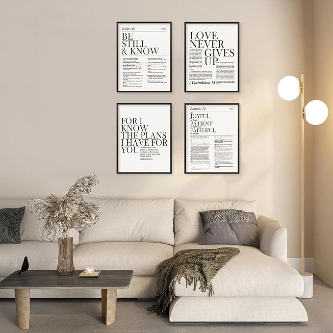 Locomiss Black and White Christian Wall Art Decor, Modern Bible Verse Prints, Minimalist Jesus Scripture Wall Decor, Inspirational Bible Posters for Bedroom Office Living Room, Set of 4 (12x16 Unframed)