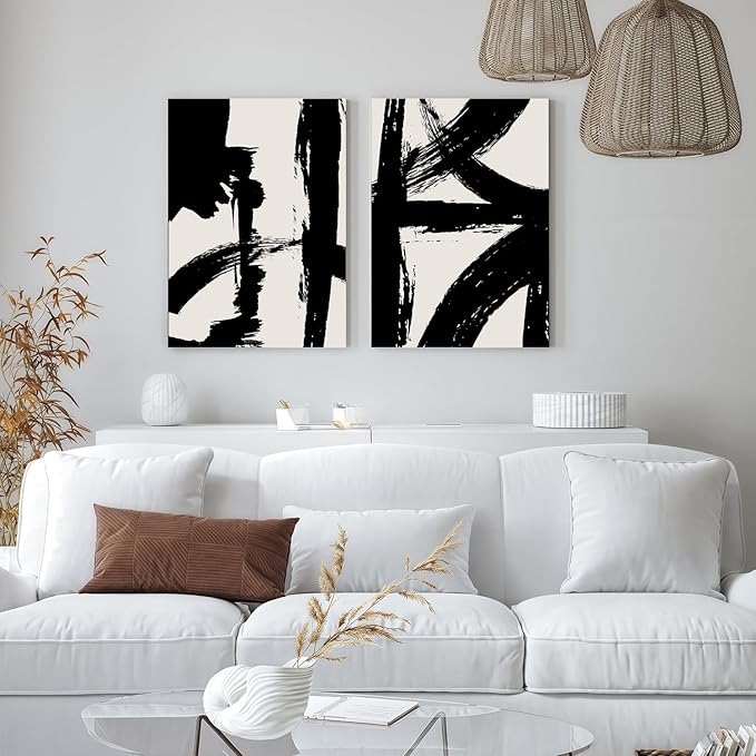 2Pcs Framed Abstract Black and White Canvas Wall Art Minimalist Brushstroke Line Prints Modern Home Gallery Style Painting Posters Picture Bedroom Living Room Office 16x24 Inch Ready to Hang