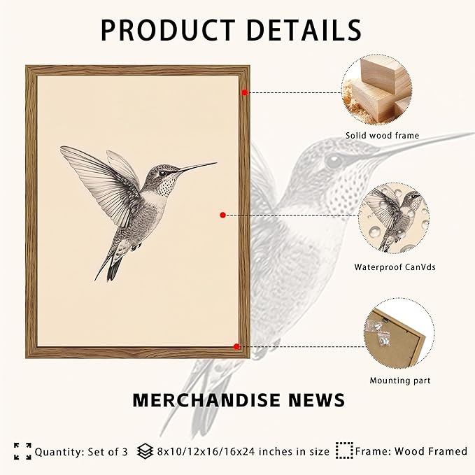 Vintage Framed Wall Art, Birds Canvas Prints, Hummingbird Sketch Painting Picture, Neutral Farmhouse Artwork Wall Decor for Living Room Bedroom – Dark Wooden Frame 12x16in