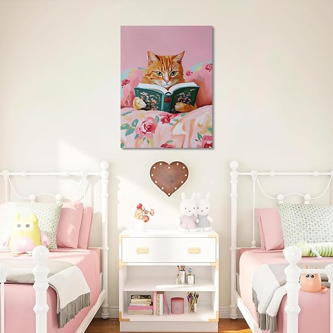 Framed Vintage Cats Canvas Wall Art, Funny Animal Reading Books Poster Printing Pictures, Pink Cute Cat Lovers Wall Decor for Girls Room Bedroom Kids Room Living Room Bathroom 16x24 in