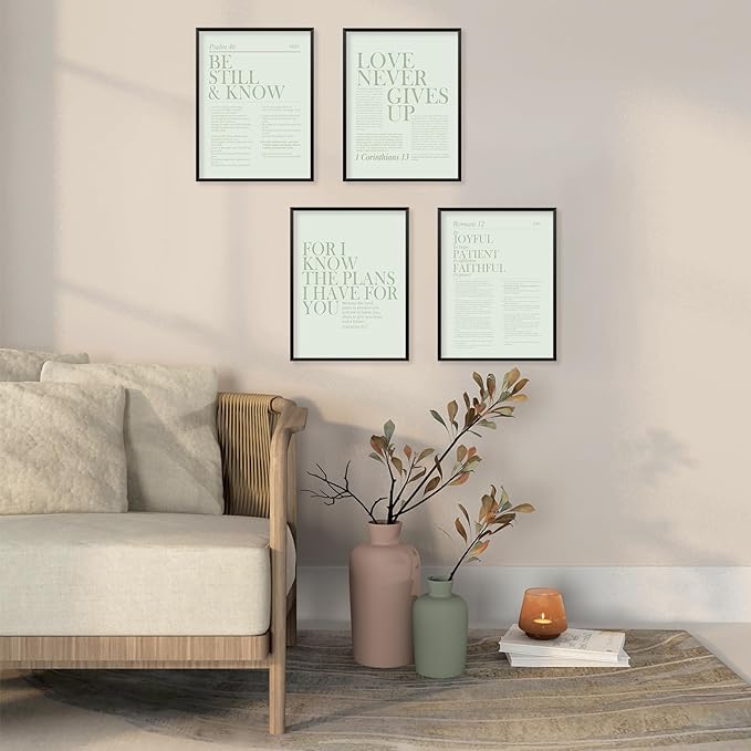 Locomiss Sage Green Christian Wall Art Decor, Modern Bible Verse Prints, Minimalist Jesus Scripture Wall Decor, Inspirational Bible Posters for Bedroom Office Living Room, Set of 4 (12x16 Unframed)