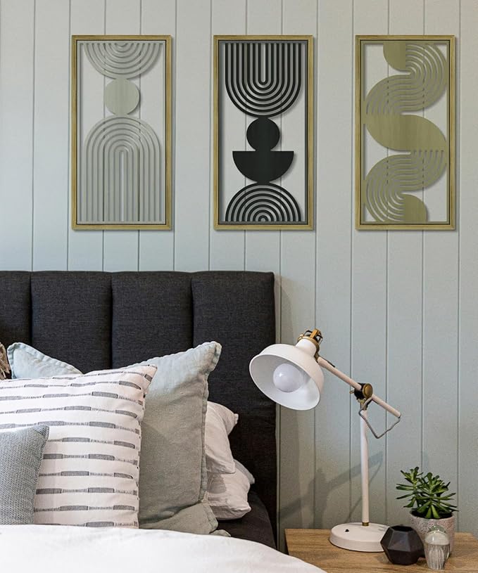 Putuo Decor Modern Minimalist Wall Decor Set of 3, Black Brown Gray MDF Cut-Out Geometric Line Panels, Abstract Vertical Art for Living Room Bedroom Office Wall Art
