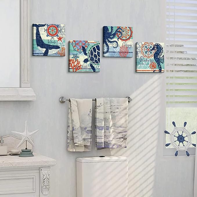 Navy Blue and Orange Ocean Animal Wall Art Toddler Kids Bathroom Beach Themed Decor Cartoon Sea Turtle Octopus Whale Seahorse Canvas Mural Nautical Coastal Pictures Nursery Home Decorations 12x12" 4P