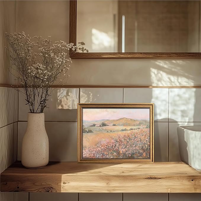 Aroutde Vintage Wildflower Printing Gold Framed Wall Art Pink Flowers Landscape Canvas Artwork Natural Mounatin Pictures For Living Room Bedroom Apartment Decoration(16L''x12W'')