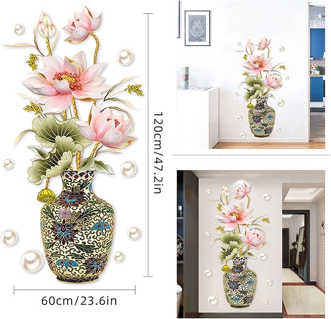 Chinese Style Lotus Flower Vase Wall Sticker, 24"x47" Classical Lotus Flower Wall Decals Murals Peel and Stick 3D Wall Art Stickers for Girls Bedroom Nursery Living Room TV Home Decor