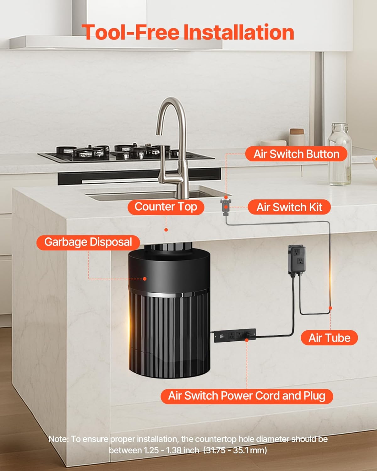 VEVOR Garbage Disposal Air Switch Kit, Dual Outlet Sink Top Air Switch for Food Waste Disposal, 3.5-inch Long Brushed Silver Stainless Steel ON/OFF Air Button for Granite, Marble, Quartz Countertops