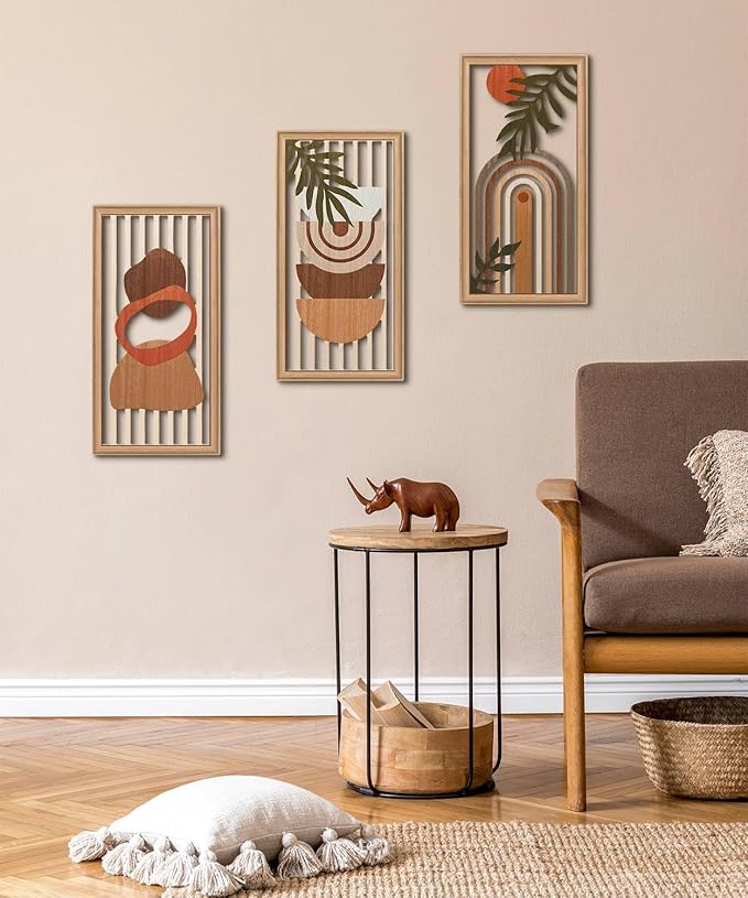 Putuo Decor Boho Wall Art Set of 3, Modern Minimalist Wooden Wall Decor, Abstract Aesthetic Room Decorations, Mid-Century Modern Artwork for Living Room, Bedroom, Office Orange 16.5 x 8.6 inch