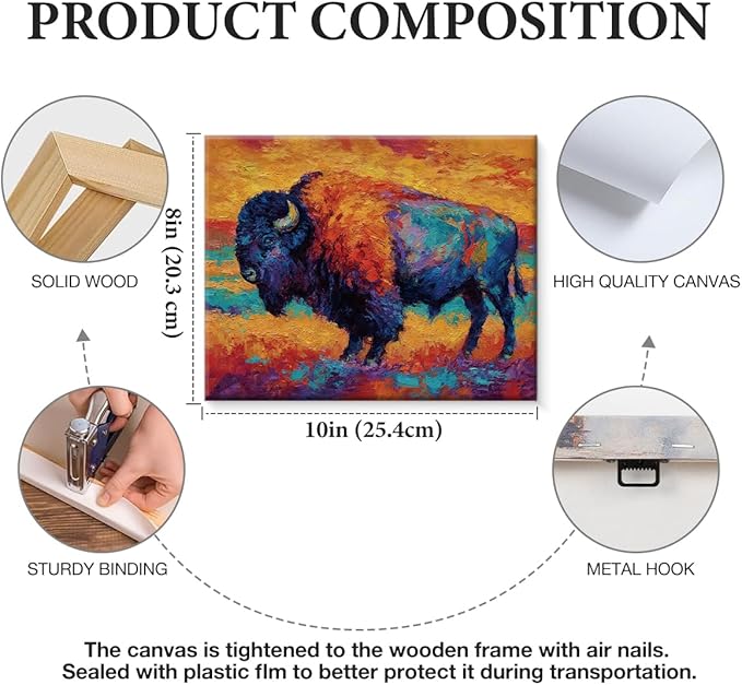 Modern Abstract Bison Wall Art Print, Vintage Vibrant Bison Painting Artwork Rustic Wall Decor for Home Farmhouse Living Room 8x10 Canvas Framed