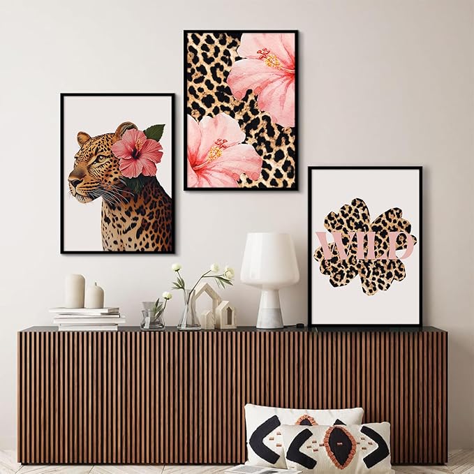 Trendy Leopard Wall Art Pink Cheetah Print Room Decor Leopard Flower Canvas Wall Decor Cheetah Aesthetic Poster Girly Pink Preppy Picture Funky Y2k Artwork for Girl Bedroom 16x24x3 Inch Unframed