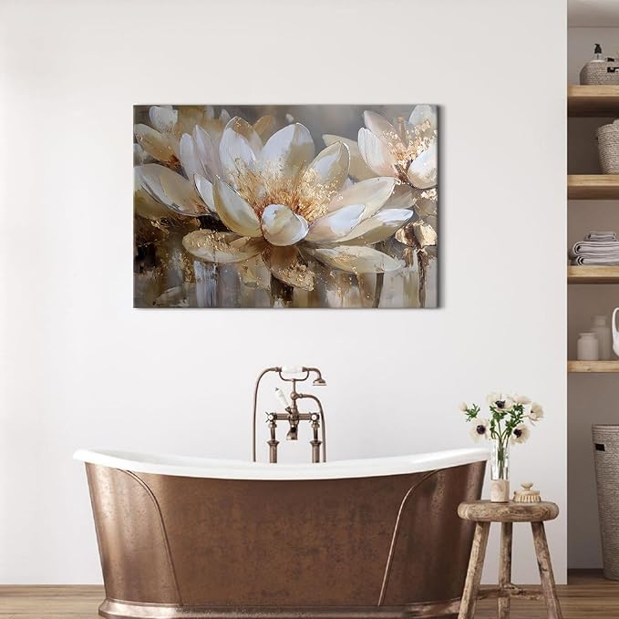 White and Gold Lotus Wall Art Floral Paintings Picture Wall Decor Abstract Zen Flowers Canvas Prints Spiritual Meditation Paintings Posters Minimalist Artwork Yoga Spa Bedroom Home Decoration 24x36"