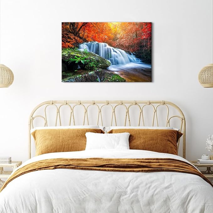 Waterfall Wall Art Autumn Red Forest Wall Decor for Living Room Nature Trees River Landscape Canvas Prints Fall Stream River Pictures National Park Posters for Bedroom Bathroom Home Decoration 24x36"