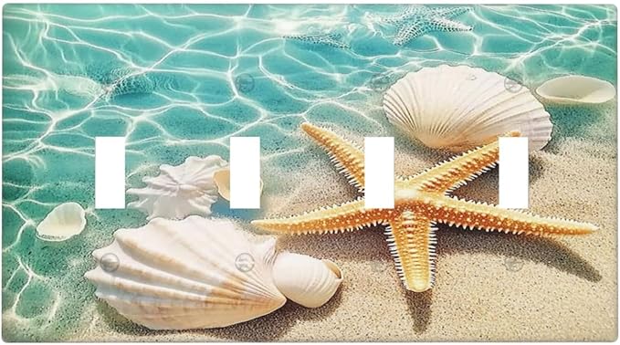 Light Switch Covers Sea Shells And Star Fish In Ocean Beach Quad Toggle Electrical Faceplate 4 Gang Wall Plate Decorative Switch Plates For Bathroom Home Decor