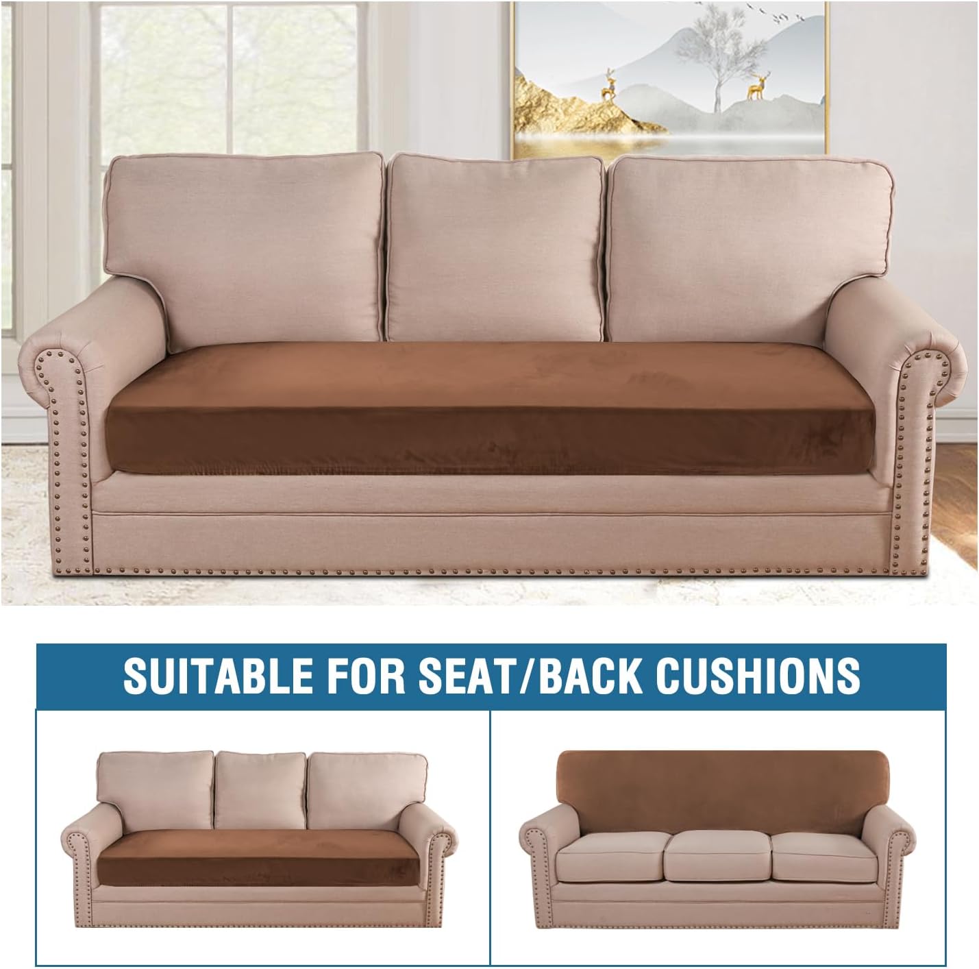 H.VERSAILTEX Velvet Stretch Individual Couch Cushion Cover Plush Cushion Slipcover for Loveseat Sofa Cushion Furniture Protector Seat Cushion Sofa Cover (1 Piece Sofa Cushion Cover, Caramel)