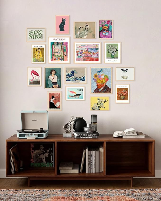 KBKBART Set of 17 Eclectic Wall Art Prints, Colorful Maximalist Wall Decor Canvas Boho Gallery Prints Collage, Vintage Famous Artists Painting Pictures Aesthetic Poster for Funky Room Decor, Eclectic Home Decor for Bedroom Dorm - Unframed