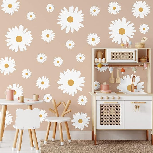 TaoBary 12 Sheet Daisy Wall Sticker Decal Removable Cute Daisy Bedroom Room Decor Flower Wall Sticker Pink White Flower Decal Wallpaper Peel and Stick for Nursery Home(White, Yellow,Multi Petal Style)
