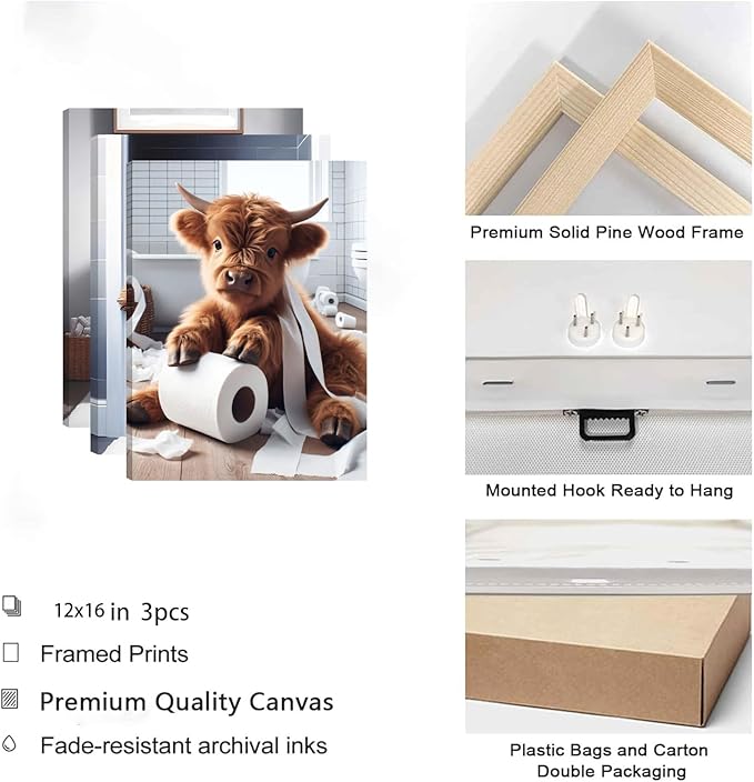 Funny Bathroom Highland Cow Wall Art Set of 3, Brown Cute Cow Animal Canvas Posters Prints Wall Decor, Vintage Rustic Farmhouse Home Painting Pictures for Kids Room Restroom Framed 12x16 Inch