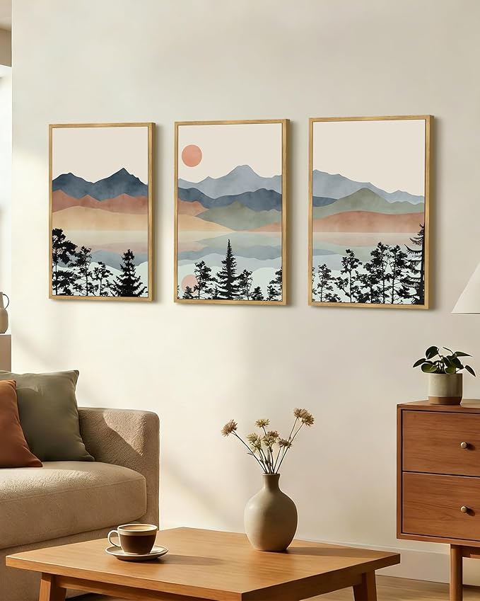 Drsoum Mountain Range Landscape Wall Art Framed Ink Wash Watercolor Nature Wall Decor Laker Sun Rises Prints Bedroom Living Room Ready to Hang 16x24in Natural Framed