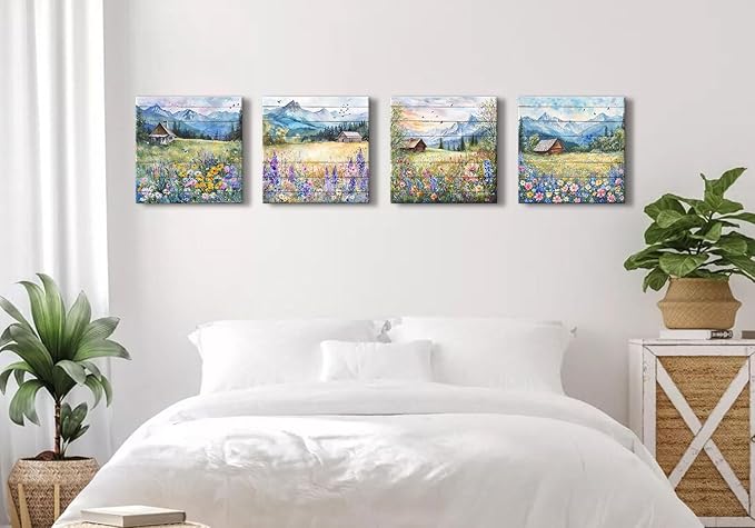 Colorful Wildflower Wall Art Farmhouse Floral Scenery Pictures Rustic Flower Landscape Canvas Painting Mountain Poster Prints Nature Artwork for Living Room Bathroom Modern Home Decorations 20x20” 4P
