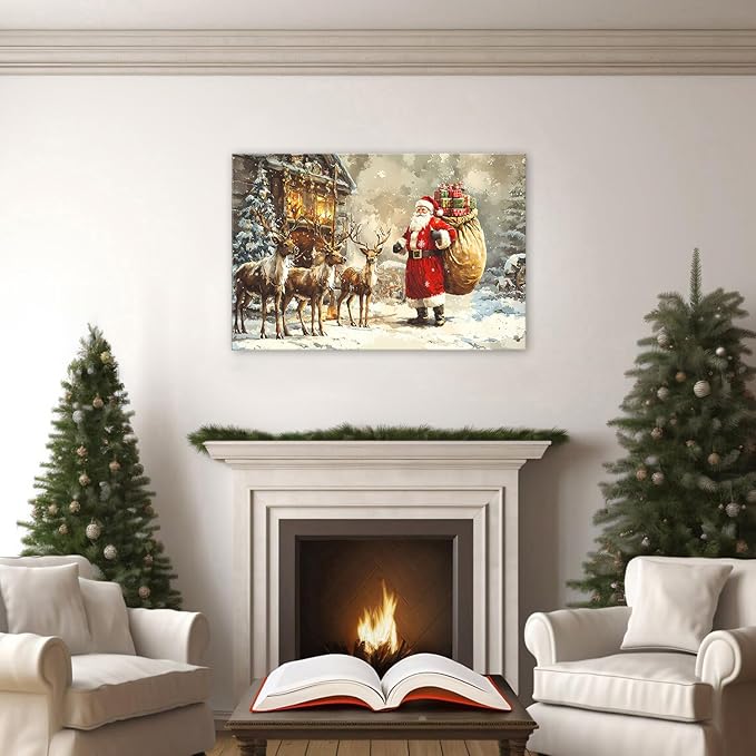 Vintage Christmas Wall Art Rustic Farmhouse Santa Claus Wall Decor Winter Deer Canvas Pictures Christmas Tree Santa and Reindeer Painting Artwork for Living Room Bathroom Home Decorations 24x36"