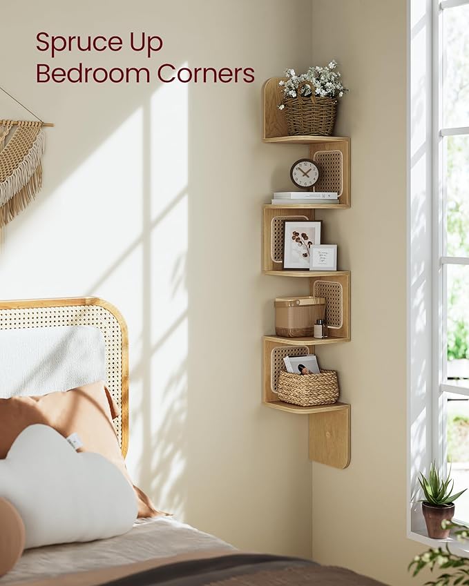 VASAGLE 5-Tier Corner Shelf, Wall Mounted Floating Shelf, Zigzag Corner Shelf Unit, PVC Rattan Sides, Space-Saving, for Kitchen, Living Room, Bedroom, Boho Style, Oak Beige ULLS582YC01S
