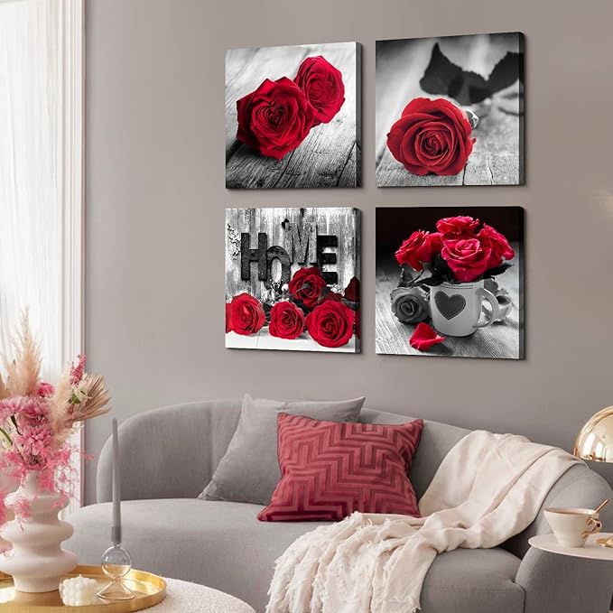 Rustic Rose Floral Canvas Wall Art Red Flower Pictures for Living Room Home Decorations Girls Bedroom Over Bed Wall Decor Retro Bouquet Paintings Posters Romantic Artwork 16x16” 4P Valentines Gifts