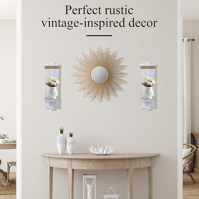 Farmhouse Wall Decor Candle Sconces - 2 Pcs Rustic Scandinavian Handmade Wooden Wall-Mount Candle Holders for Bedroom Living Room Bathroom Home Hanging Art Decorations Accessories Gifts, Grayish White