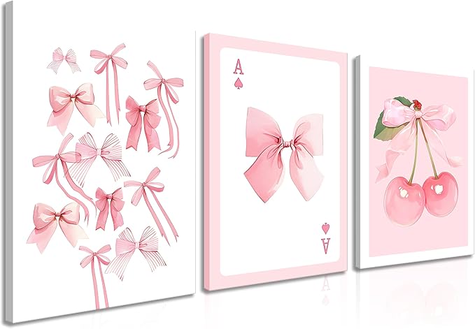 Trendy Pink Bows Canvas Wall Art Set of 3, Vintage Preppy Cherry Posters Prints, Pink Girly Room Aesthetic Wall Decor Painting for College Apartment Living Room Bedroom 16x24 In Framed