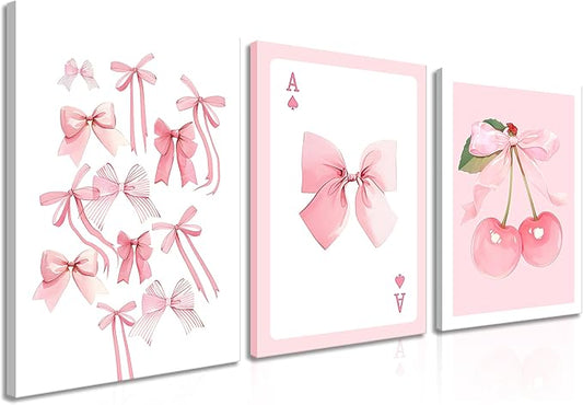 Trendy Pink Bows Canvas Wall Art Set of 3, Vintage Preppy Cherry Posters Prints, Pink Girly Room Aesthetic Wall Decor Painting for College Apartment Living Room Bedroom 12x16 In Framed