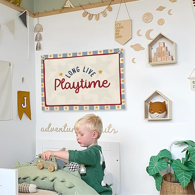 Playroom Wall Decor, Long Live Playtime Linen Canvas Banner,Toddler Playroom Decor Kids Room Nursery with Star Pattern Wall Decor for Toddler Boys Toy Room Bedroom,30x20 Inch