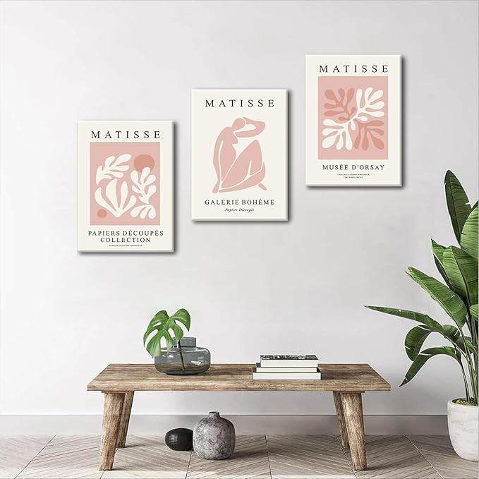 Djmwtb Matisse Abstract Canvas Wall Art Framed Set of 3 Pink Flower Market Poster Prints Modern Aesthetic Pictures Minimalist Wall Decor Painting for Living Room Bedroom Bathroom 12"x16"x3