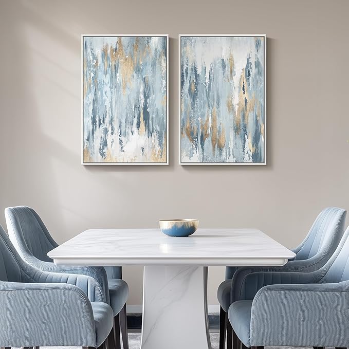 Large White Framed Blue and Gold Abstract Canvas Wall Art, 2 Piece Modern Minimalist Art Prints Paintings Artwork for Walls, Glitter Pictures for Living Room, Dining Room, Bedroom Wall Decor 20x30 In
