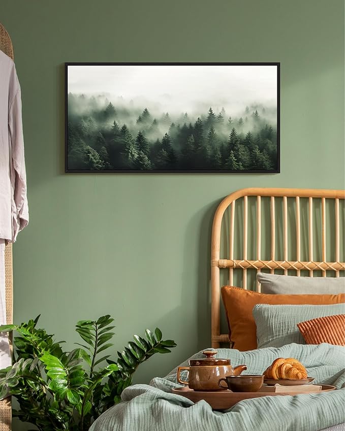 SHENIFY Green Fog Pine Tree Forest Vintage Framed Wall Art Modern Landscape Scenery Farmhouse Artwork Prints Decor for Kitchen Bedroom Living Room Bathroom - 8x16in Black Framed