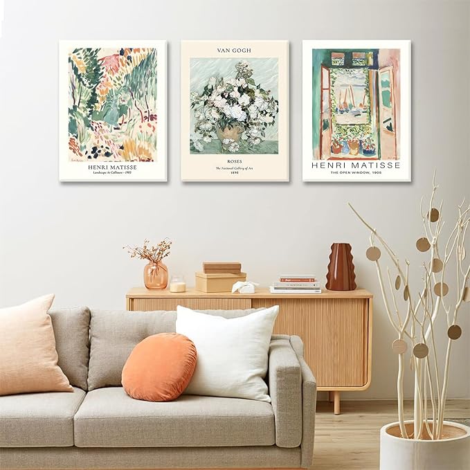 LYPHNX Framed Sage Green Matisse Canvas Wall Art Vintage Abstract Floral Prints Poster Set of 3 Mid Century Aesthetic Flower Artwork Painting Picture Decor for Living Room Bedroom Bathroom 12"x16"