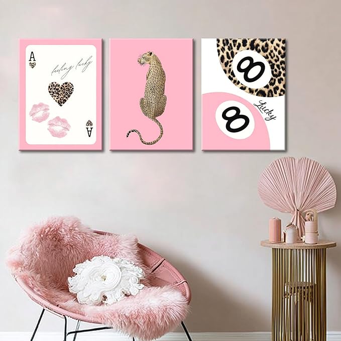 Set of 3 Trendy Pink Leopard Canvas Wall Art Cheetah Lucky 8 Ball Posters Prints Preppy Cheetah Aesthetic Wall Decor Pictures for Girly Bedroom Apartment Dorm Decoration 16x24in