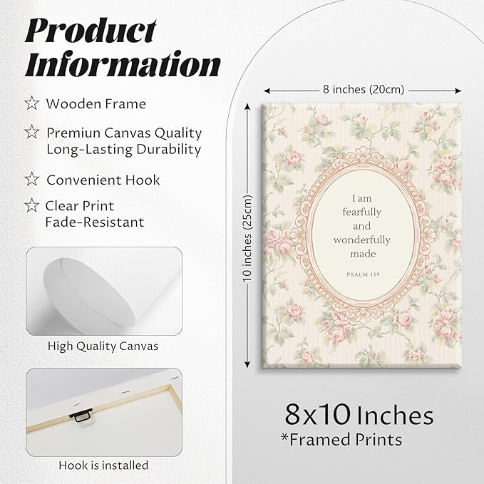 Christian Nursery Wall Art Bible Verse Canvas Wall Decor Girl Floral Wall Art Aesthetic Scripture Pictures Jesus Religious Posters Pink Flower Prints Vintage Artwork for Bedroom 8x10x6 Inch Framed