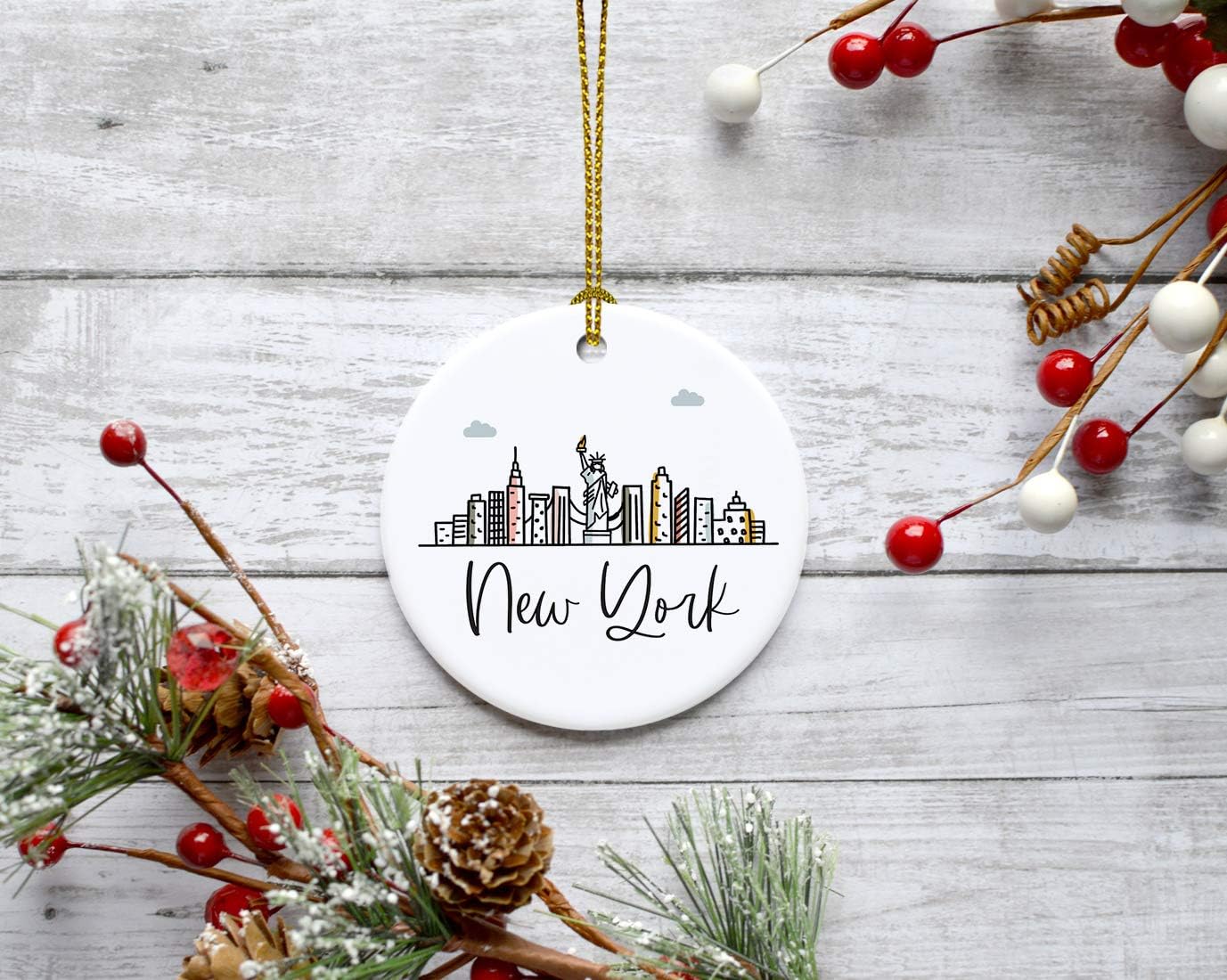 Andaz Press Round Ceramic Porcelain Christmas Tree Ornament Keepsake, New York Colorful City Skyline Graphic, 1-Pack, Birthday Gift Ideas for Family Coworker Him Her, Includes Gift Box