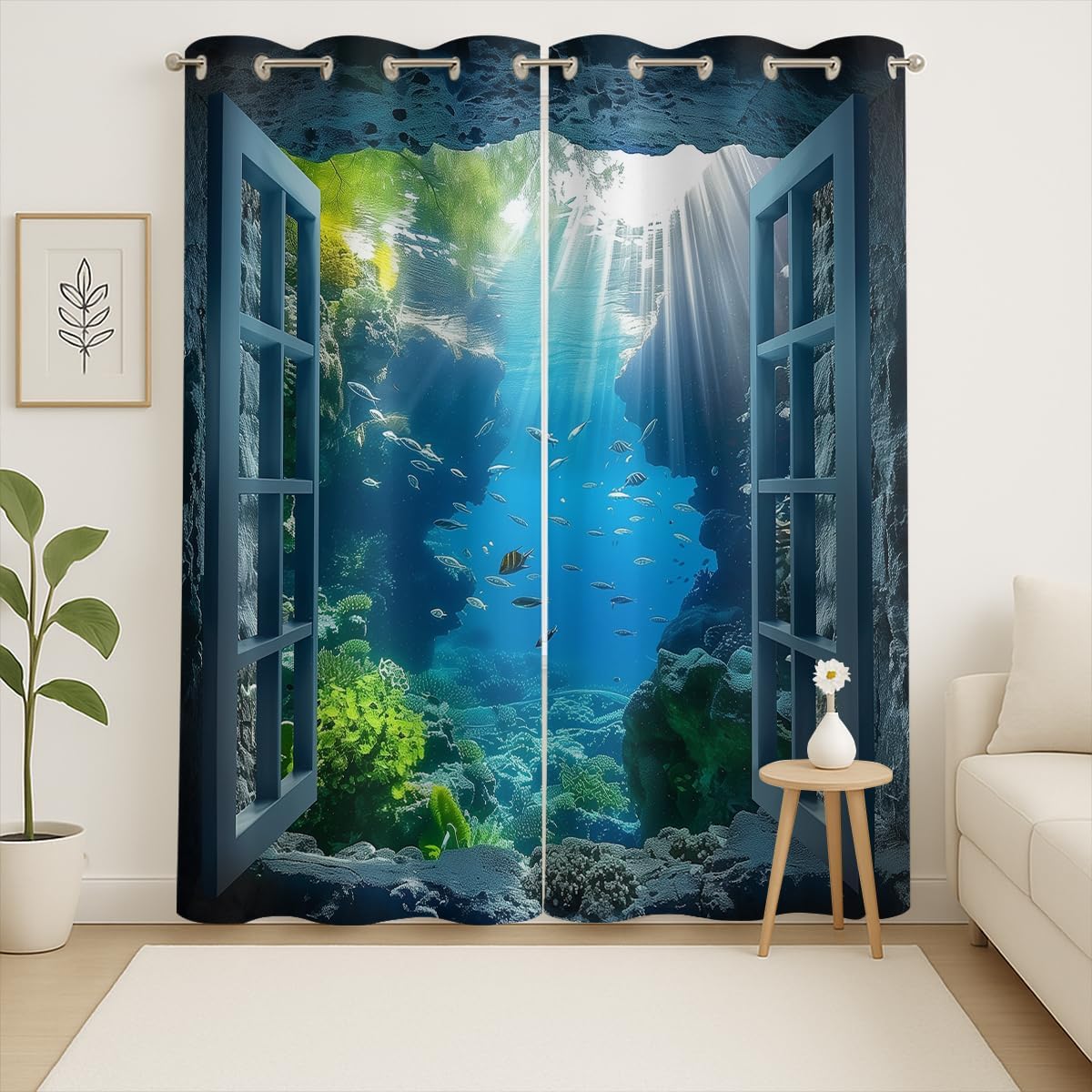 Ocean Fishs Blackout Curtains for Girls Boys Home Decor, Underwater Tropical Fish Undersea Coral Grommet Thermal Insulated Drapes Darkening Window Curtain for Bedroom Living Room, 84 x 84 Inch