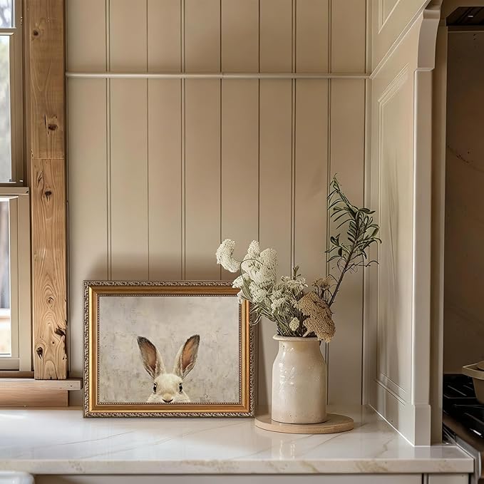 ASTRDECOR Gold Framed Vintage Easter Bunny Wall Art, Neutral Rabbit Canvas Print, Farmhouse & Rustic Easter Decor for Bedroom, Bathroom, Living Room, 12x16inch